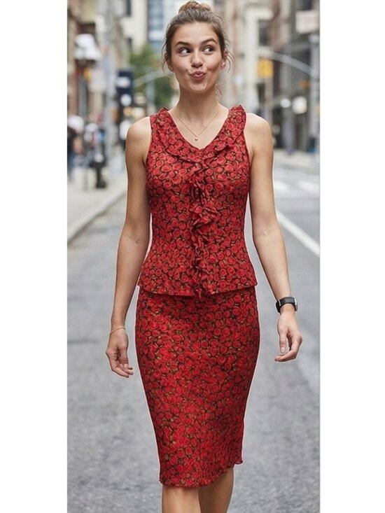 say Dresses & Skirts - SAY Floral Rose Print 2-Piece Set: Ruffle Blouse & Tulip Midi Skirt - Size S / 2